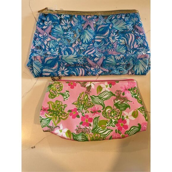 2 Lilly Pulitzer Cosmetic and Traveling Pouch Blue Pink - Picture 6 of 10